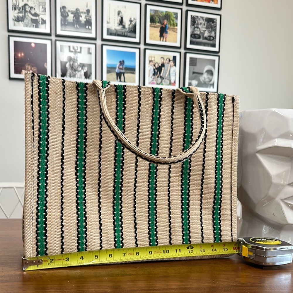 H&M Tan and Green Canvas Tote Bag with Rope Handles